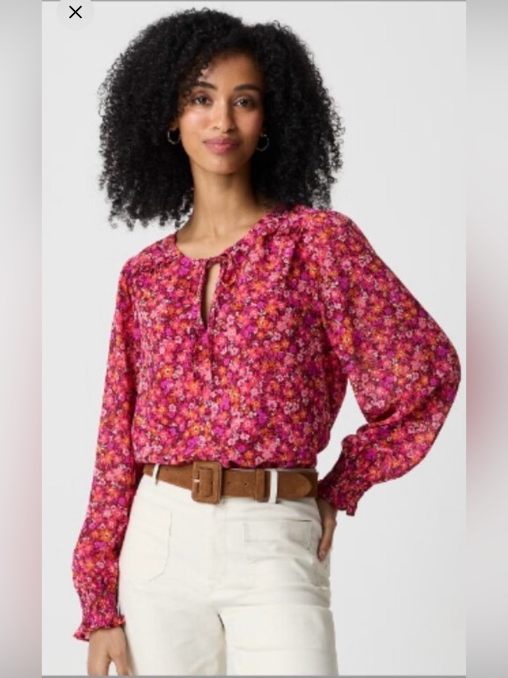 J. Crew Pink Floral Tie-Neck Long Sleeve Blouse. Size-M